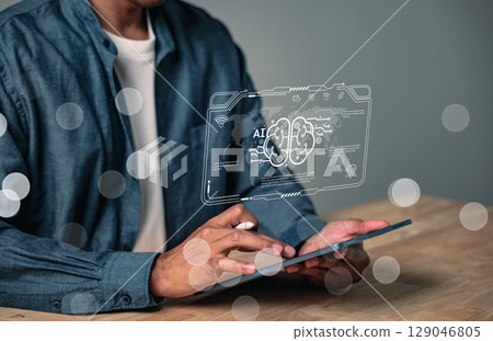 Ai technology shows a digital brain connecting automated robotics with chips for machine learning in business education, and the concept of ai analytic information intelligence is autonomous 129046805