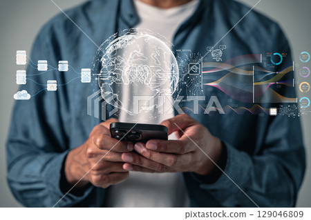 Ai automation and machine learning showcase an intelligent autonomous brain, linking big data, connection intelligence and robotic technology on a mobile phone display offering an intelligent future Ai automation and machine learning showcase an intelligent autonomous brain, linking big data, connection intelligence and robotic technology on a mobile phone display offering an intelligent future 129046809