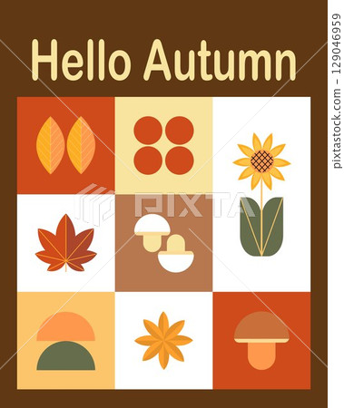 Autumn simple posters in Bauhaus style. Geometric abstract autumn flyer template with scandinavian mosaic. Banners with autumn elements. Autumn poster design. 129046959