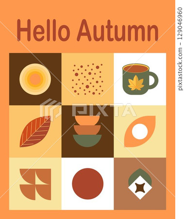 Autumn simple posters in Bauhaus style. Geometric abstract autumn flyer template with scandinavian mosaic. Banners with autumn elements. Autumn poster design. 129046960