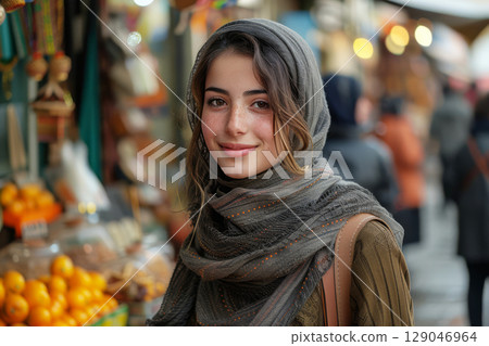 Portrait of pretty Middle Eastern young woman with head covered with a headscarf exploring a bustling food market, colorful stalls with colorful fruits on the background. Travel and vacation concept 129046964