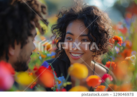 Young African-American woman with her Asian male friend enjoy a sunny day in the city park, surrounded by blooming colorful flowers, interethnic affection. Romantic and multiethnic love concept 129046978