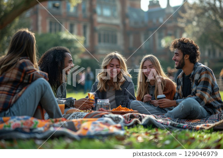 A group of university students of various ethnicities gathering on the campus lawn for a picnic, sitting on colorful blankets. Diversity and friendship concept 129046979