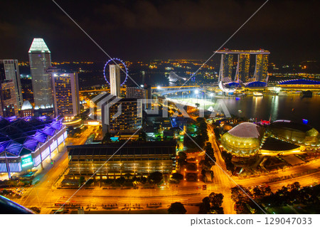 Republic of Singapore - Night view of the downtown core with the Merlion and Marina Bay Sands 129047033