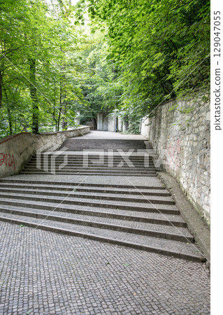 The staircase winds upwards through lush greenery on Petrin Hill in Prague. The cobblestone steps provide a scenic path for visitors enjoying nature and the outdoors. The staircase winds upwards through lush greenery on Petrin Hill in Prague. The cobblestone steps provide a scenic path for visitors enjoying nature and the outdoors. 129047055