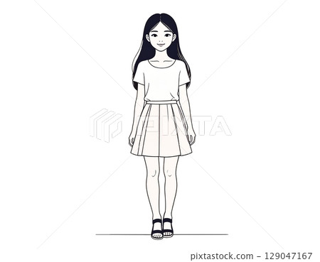 穿著簡單夏裝和涼鞋的女孩的全身插圖，平面插圖 129047167