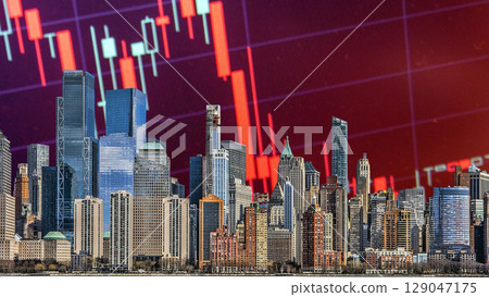 businessman hand writing on paper with graph chart and pen on city background with city buildings, skyscrapers and skyscrapers 129047175