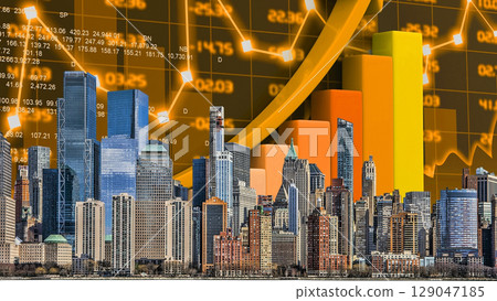 businessman hand writing on paper with graph chart and pen on city background with city buildings, skyscrapers and skyscrapers 129047185