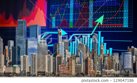 businessman hand writing on paper with graph chart and pen on city background with city buildings, skyscrapers and skyscrapers 129047186