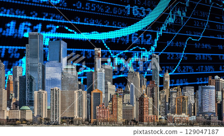 businessman hand writing on paper with graph chart and pen on city background with city buildings, skyscrapers and skyscrapers 129047187