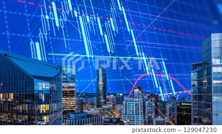 businessman hand writing on paper with graph chart and pen on city background with city buildings, skyscrapers and skyscrapers 129047230