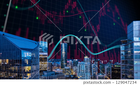 businessman hand writing on paper with graph chart and pen on city background with city buildings, skyscrapers and skyscrapers 129047234
