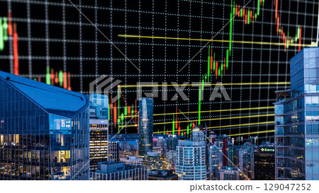 businessman hand writing on paper with graph chart and pen on city background with city buildings, skyscrapers and skyscrapers 129047252