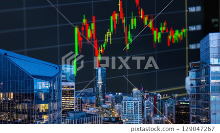 businessman hand writing on paper with graph chart and pen on city background with city buildings, skyscrapers and skyscrapers 129047267