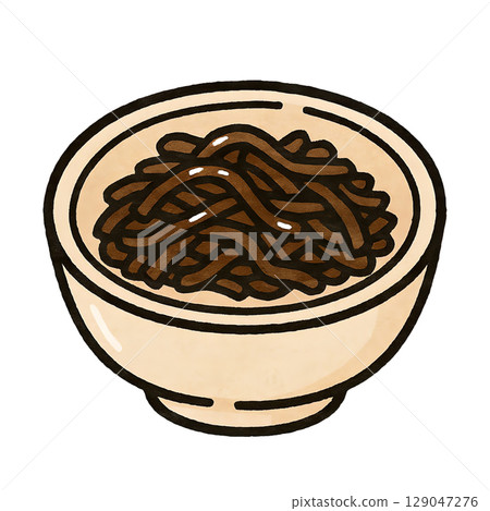 A cute hand-drawn tsukudani icon of kelp served in a small bowl 129047276