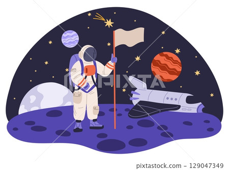 Astronaut explorer in hazmat suit on new planet. Cosmonaut with flag in hand among stars. Spacewalk explore. Astronomy science. Galaxy discovery. Universe exploration. Vector concept Astronaut explorer in hazmat suit on new planet. Cosmonaut with flag in hand among stars. Spacewalk explore. Astronomy science. Galaxy discovery. Universe exploration. Vector concept 129047349