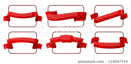 Beautiful frame with red satin ribbon. Silk tape curls. Anniversary card element. Celebration party invitation. Christmas gift bow. Birthday present. Vector holiday square borders set 129047354