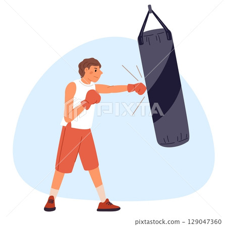 Boy boxer wearing boxing gloves hits punching bag while practicing at gym. Athletic training. Young sportsman doing fight exercise. Kickboxer knockout. Fighter strength. Vector concept 129047360
