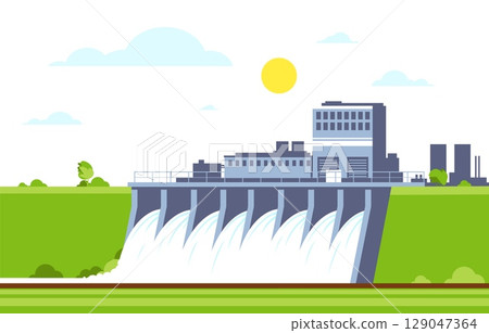 Construction of hydroelectric power plant with falling water and green environment. Hydroelectricity generation. Industrial powerhouse. Hydropower turbines. Renewable energy vector concept 129047364