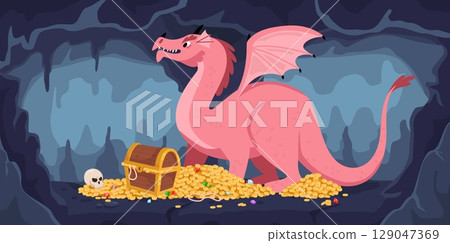 Dragon in mountain cave guards pile of gold coins and gems. Treasure chest and golden heaps. Legendary monster. Winged and horned animal. Mythological wealth safety. Vector concept 129047369