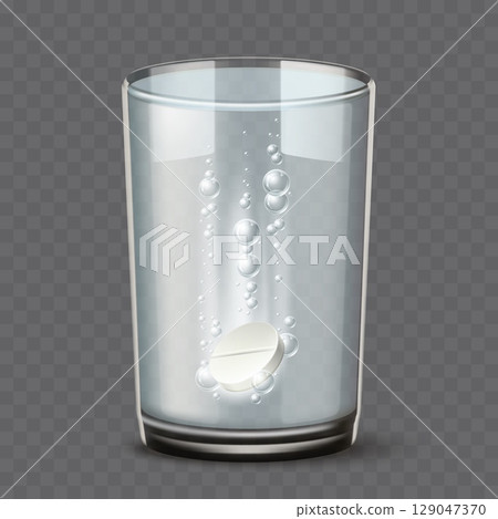 Effervescent aspirin tablet or vitamin in glass of clean water. Prescription pill. Medical remedy. Fizzy painkiller. Realistic cup on transparent background. Vector 3D pharmaceutical object 129047370