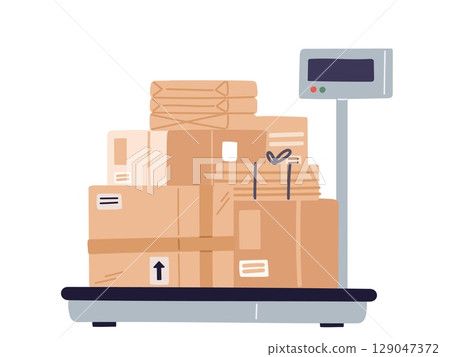 Floor electronic scales with postal cardboard boxes. Warehouse weighing equipment. Post delivery package. Cargo weight measurement. Parcel containers. Vector industrial measure machine Floor electronic scales with postal cardboard boxes. Warehouse weighing equipment. Post delivery package. Cargo weight measurement. Parcel containers. Vector industrial measure machine 129047372