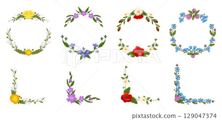 Floral frames in circle and corner shapes. Spring flowers. Holiday wreath. Anniversary wildflowers bouquet. Blooming plants. Dandelions and poppies border. Vector holiday decorations set 129047374