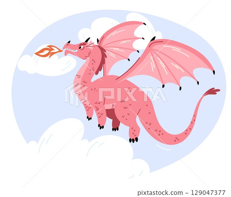 Flying dragon with wings and fire from mouth in sky with clouds. Legendary monster. Mythological lizard. Cartoon mythical creature. Fairytale animal breathing flame. Vector concept Flying dragon with wings and fire from mouth in sky with clouds. Legendary monster. Mythological lizard. Cartoon mythical creature. Fairytale animal breathing flame. Vector concept 129047377