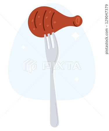 Fried chicken leg threaded on fork. Grilled poultry. Meat eating. Barbeque meat. Roasted turkey piece. Lunch cooking ingredient. Dinner serving. Kitchen product. Vector butcher concept 129047379