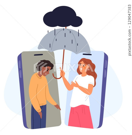 Girl comforts her friend over phone. Support and care for people with psychological problems. Mobile online communication. Assistance and empathy. Smartphone screens. Vector concept 129047383