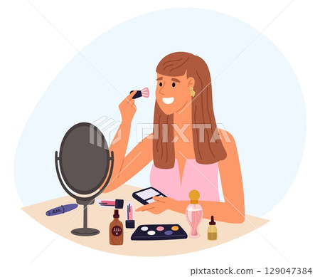 Girl does her makeup with brush. Woman takes care of her beauty. Cosmetics routine. Female sitting in front table mirror. Person applying lipstick and face foundation. Vector concept Girl does her makeup with brush. Woman takes care of her beauty. Cosmetics routine. Female sitting in front table mirror. Person applying lipstick and face foundation. Vector concept 129047384