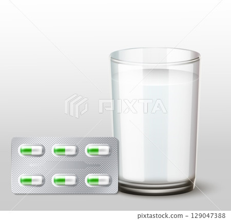 Realistic glass of clean drinking water and pills in blister. Medication tablets. Pharmaceutical capsules. Prescription meds. Vitamin and painkiller. Medical treatment. Vector 3D objects 129047388