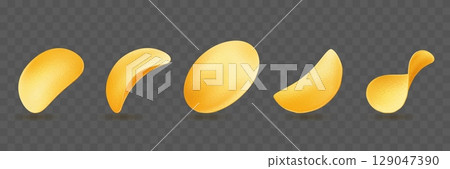 Realistic potato chips. Fast food on transparent background. Crisps slices view angles. Unhealthy appetizer. Fried cuts. Roasted vegetable piece. Crunchy tuber. Vector 3D objects set 129047390