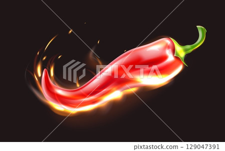 Realistic red hot chili pepper in tongues of flame on black background. Paprika burning taste. Mexican kitchen. Spice product. Blazing fire. Cooking ingredient. Vector 3D food object 129047391