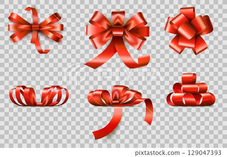 Realistic red satin ribbons for decorating gifts. Holiday box tying. Birthday anniversary party present wrap. Silk knots top and side views. Xmas glossy stripes. Vector 3D objects set Realistic red satin ribbons for decorating gifts. Holiday box tying. Birthday anniversary party present wrap. Silk knots top and side views. Xmas glossy stripes. Vector 3D objects set 129047393