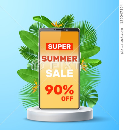 Realistic summer sale catwalk banner with smartphone and tropical leaves. Phone on pedestal. Jungle foliage. Electronic devices promotion flyer design. Vector discount offer background. Realistic summer sale catwalk banner with smartphone and tropical leaves. Phone on pedestal. Jungle foliage. Electronic devices promotion flyer design. Vector discount offer background. 129047394