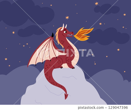 Red dragon on mountain top on background of night sky with stars. Cartoon mythical creature on rock peak. Fire breathing. Mythological lizard on stone. Legendary monster. Vector concept Red dragon on mountain top on background of night sky with stars. Cartoon mythical creature on rock peak. Fire breathing. Mythological lizard on stone. Legendary monster. Vector concept 129047396
