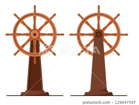 Wooden ships helm on rack front and back view. Sailing boat driving. Water transport. Nautical boat wood steering wheel. Yacht navigation control. Sea summer vacation. Vector concept 129047397