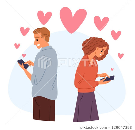 Young couple having affair on phone. Guy and girl communication. Romantic dating. Smartphone connection. Love hearts. Amour digital message. Lover SMS. Passion relationship. Vector concept 129047398