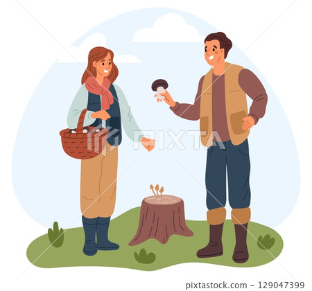 Young couple picking mushrooms and put them in bag. Man and woman collecting edible boletus in forest. People walk in nature. Basket for fungus. Outdoor leisure hobby. Vector concept Young couple picking mushrooms and put them in bag. Man and woman collecting edible boletus in forest. People walk in nature. Basket for fungus. Outdoor leisure hobby. Vector concept 129047399