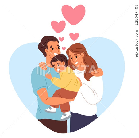 Young happy loving family. Husband and wife hugging with child. People relationship. Parents and son embrace. Mother and father standing and holding kid. Support cuddle. Vector concept Young happy loving family. Husband and wife hugging with child. People relationship. Parents and son embrace. Mother and father standing and holding kid. Support cuddle. Vector concept 129047409