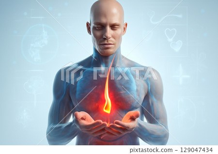 AI generated illustration of a translucent human upper body showing glowing hair follicles in a health-focused, futuristic medical setting. The image represents compassion, vitality, and well-being 129047434