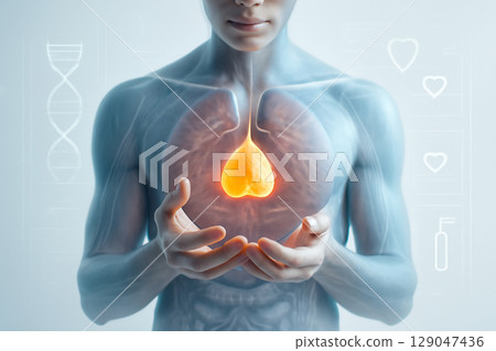 AI generated futuristic depiction of a human torso with glowing sebaceous gland symbolizing life force. The image conveys compassion, deep care, and health with medical symbols and anatomical details 129047436