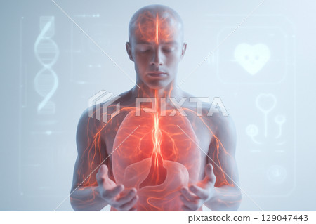 AI generated futuristic medical rendering of a human figure with a glowing nervous system. The image emphasizes holistic healthcare, compassion, and the importance of the nervous system in human life. 129047443
