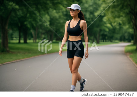 AI generated a candid shot of a fit young woman walking in a park. She dressed in black athleisure, exuding strength, confidence, and energy. The natural background is subtly blurred 129047457