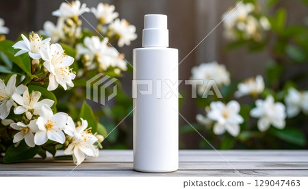 White cosmetic cream bottle and flowers. White cosmetic cream bottle and flowers. 129047463