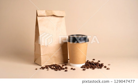 Paper Coffee Bag, Coffee Beans, and Paper Cup on Brown Background 129047477