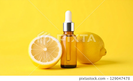 Serum glass bottle with lemon on yellow background Serum glass bottle with lemon on yellow background 129047478