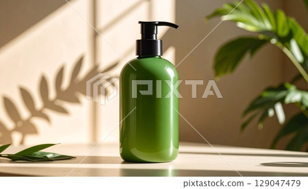 Glass green bottle on beige background, mock up, shadow from window. 129047479