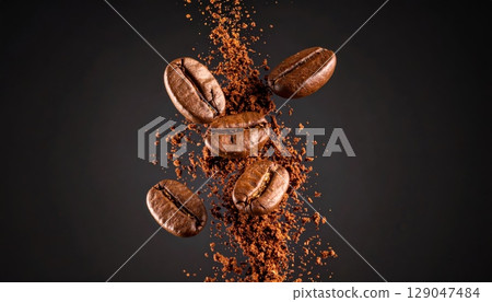 Roasted coffee beans isolated on black background for a cafe macro shot 129047484